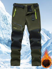Men's Warm Windproof Cargo Pants with Belt & Zippered Pockets - Olive Green, Black & Yellow Accents, Perfect for Winter Outdoor Activities & Casual Wear, Winter Clothes