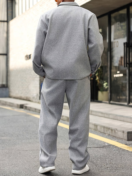 Men'S Fall Workwear Buttoned Casual Cardigan for Daily Wear, Sports Collar Outerwear, Top Matched with Casual Trousers, Two-Piece Set