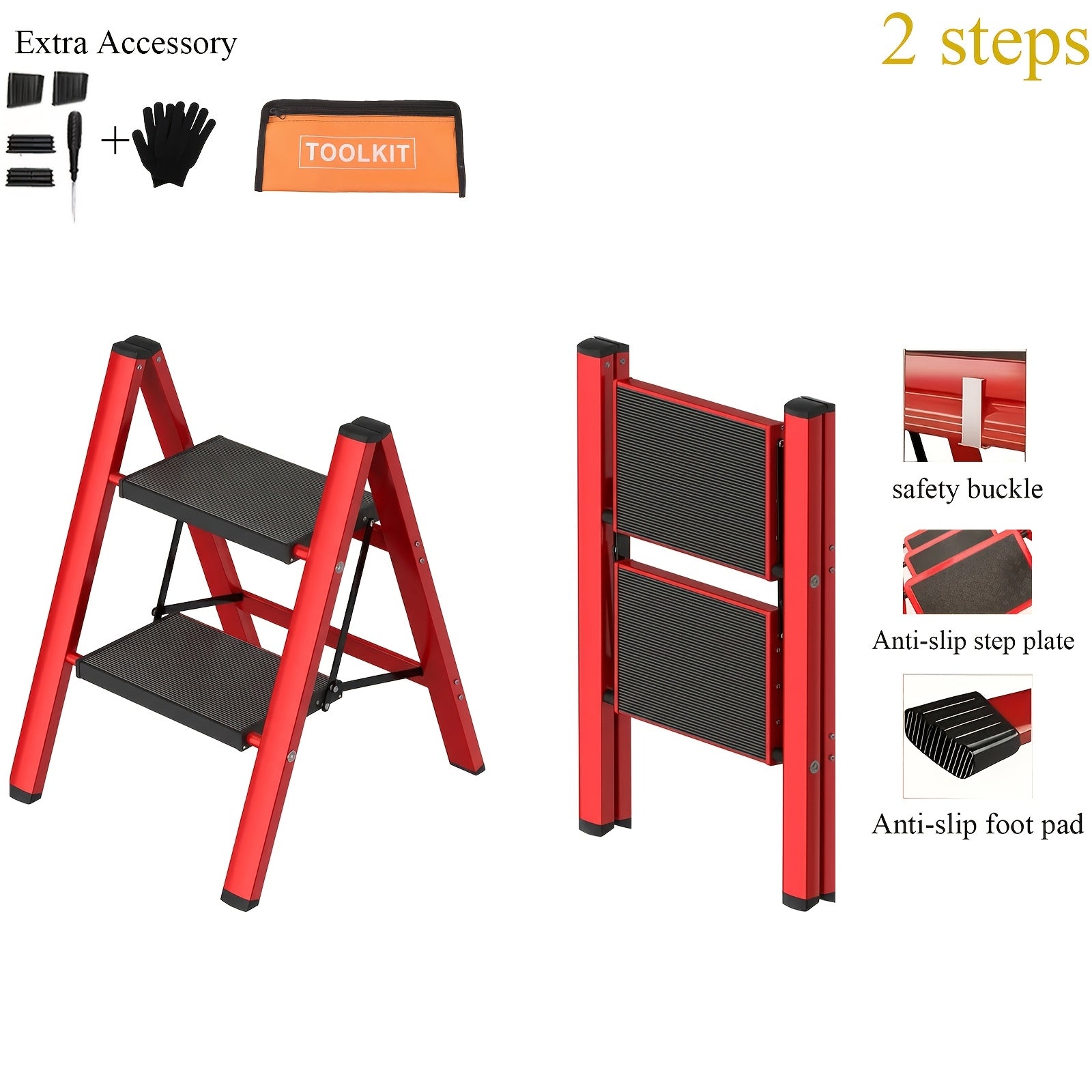 2/3/4/5-Step Ladder, Lightweight Folding Step Stool With Extra-Wide Anti-Slip Steps, 149.69 KG Capacity, Compact Space-Saving Design For Home, Kitchen.