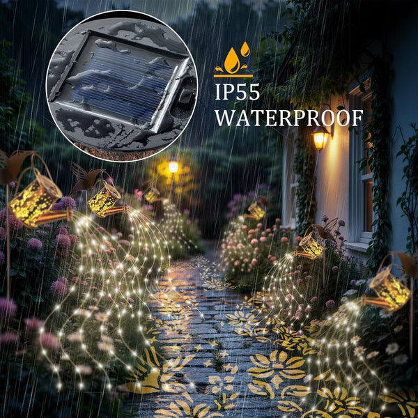 Solar Lights Garden Decorations, LED Watering Can Star Shower Art Light with Hummingbird Bracket, Solar String Lights Waterproof for Garden Patio Yard Pathway Outdoor（Warm White）