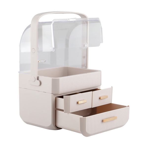 3-Tier Pink Jewelry Storage Box with Protective Lids, Plastic Makeup Organizer Features Multi-Drawer System, Desktop Display Case 24.6x18.6x35.3cm Perfect for Organizing Lipsticks, Cosmetics and Jewelry Pieces on Bathroom Counter and Dresser Top