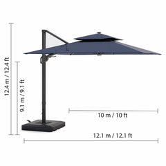 Seasons Sentry 10Ft (3M) Square 2-Tier LED Solar Cantilever Umbrella with Rolling Base in Blue