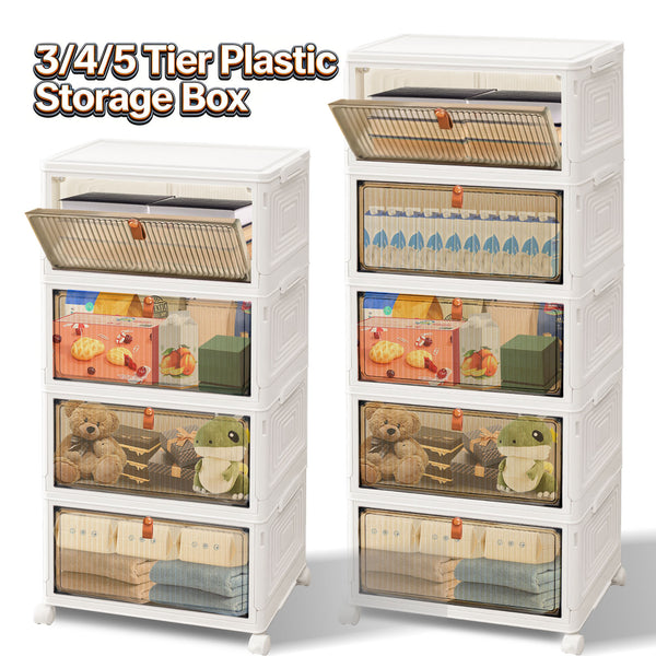 Storage Boxes with Lid - 3/4/5 Tier Plastic Storage Box with Lid, Stackable Storage Boxes with Wheels, Storage Drawers with Front Door, Plastic Box for Home and Office, White