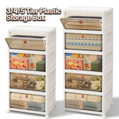 Storage Boxes with Lid - 3/4/5 Tier Plastic Storage Box with Lid, Stackable Storage Boxes with Wheels, Storage Drawers with Front Door, Plastic Box for Home and Office, White