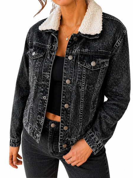 Women'S Black Denim Jacket with Sherpa Collar, Fleece Lined Jean Trucker Jacket, Warm Button Up Long Sleeve Winter Coat, Casual Vintage Denim Outerwear with Pockets