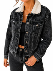 Women'S Black Denim Jacket with Sherpa Collar, Fleece Lined Jean Trucker Jacket, Warm Button Up Long Sleeve Winter Coat, Casual Vintage Denim Outerwear with Pockets