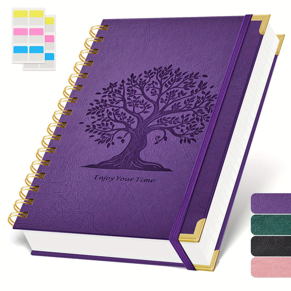 Notebook Notepad A5, 300 Pages Wirebound Spiral Notebook, 100GSM Thick Paper, No Bleed, Leather Cover Journal with Tree Design & Golden Spiral Binding, Perfect for School Writing, 16.5 X 21cm