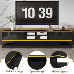 180cm LED TV Stand with 3 Drawers & Open Shelf, High Gloss Modern TV Cabinet with RGB Lights & Gold Trim, PB Board Entertainment Center for Living Room, Gaming & Home Theater - Holds up to 65 Inch TV, Smooth Glide Drawers, Scratch-Resistant, Easy Assembly