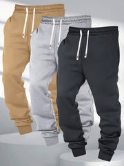 Three-pc Men's Solid Color Plain Elastic Waistband Drawstring Ribbed Cuffed Casual Jogger Pants, Men's Dress Administrative Trousers