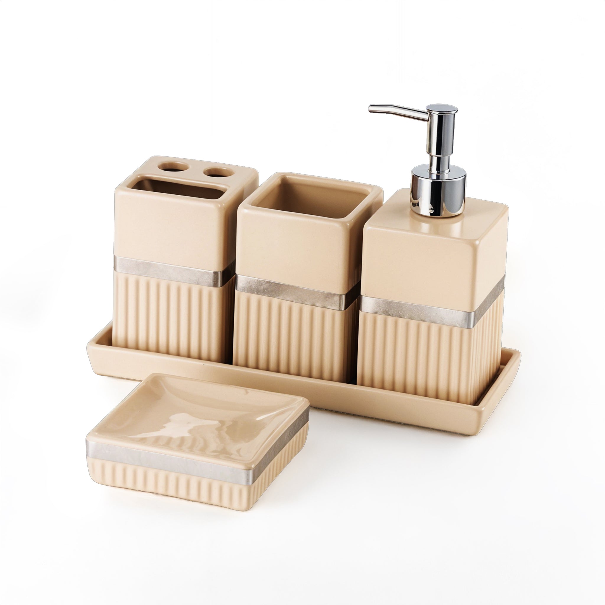 Ceramic Haven Elegance Collection | Set of 5 Luxury Bathroom Accessories | Soap Dispenser, Toothbrush Holder, Multipurpose Holder, Tumbler, Vanity Tray | Stylish Décor & Organizer