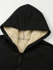 Men's Casual Zip-Up Hooded Jacket with Letter Print, Black & Beige Contrast, Regular Fit, Machine Washable, Front Pockets for Outdoor & Casual Attire