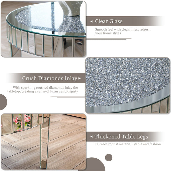 LUVODI Large Round Mirrored Coffee Table Beveled Bling Crushed Diamond End Table for Living Room, Bedroom, Office Decor