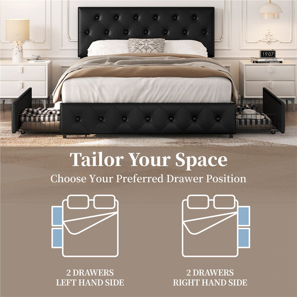 Costoffs Upholstered Bed Frame, Storage Bed Frame, Upholstered Bed Frame with Large Pull-Out Drawers Storage & Height-Adjustable Headboard, Button-tufted Upholstered Bed with Adjustable Headboard, Black