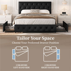 Costoffs Upholstered Bed Frame, Storage Bed Frame, Upholstered Bed Frame with Large Pull-Out Drawers Storage & Height-Adjustable Headboard, Button-tufted Upholstered Bed with Adjustable Headboard, Black