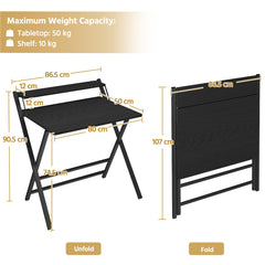 Costoffs 2-Tier Foldable Computer Desk with Monitor Shelf, Portable Laptop Table for Home Office Dorm Small Space, Modern Compact PC Desk, Black/White/Wood