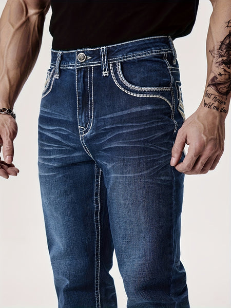 Men'S Elastic Washed Denim Jeans with Thick Line Embroidery on The Front And Back Pockets