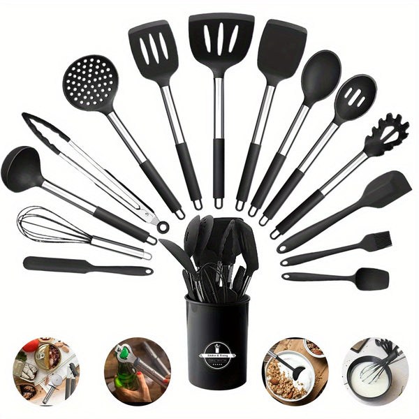 15pcs Silicone Kitchen Utensil Set with Wooden Handles - Non-Stick, Includes Stainless Steel Grater & Bottle Opener, Perfect for Cooking, Baking & Holiday Celebrations.