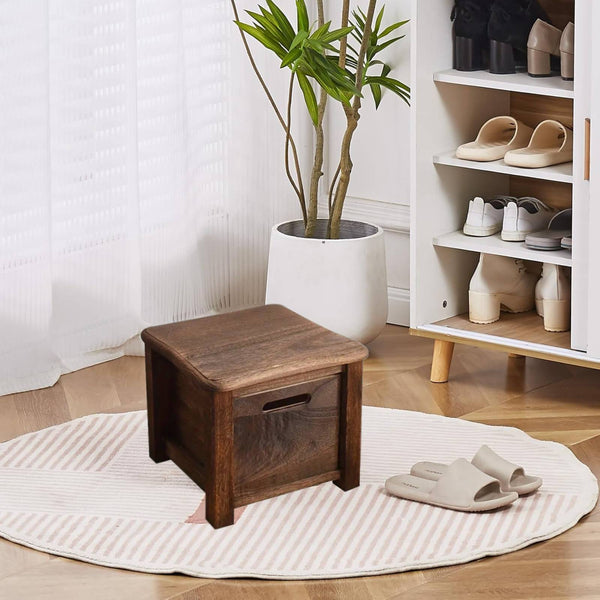 Classic Dark Brown Wooden Shoe Changing Stool with Storage Storage Stool with Drawer- Traditional Style Armless Non- Upholstered Shoe Bench, Smooth Surface& Hollow Handle Design, Durable Natural Wood for Entryway, Living Room, Bedroom