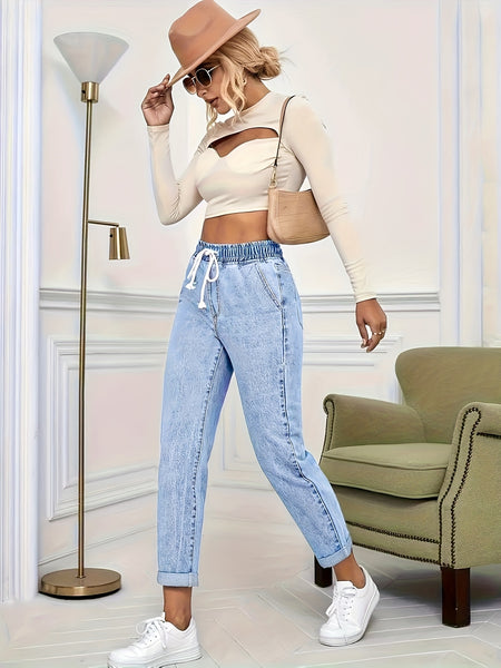 Ladies' 2026 New Stretch Elastic Drawstring Slim Cropped Jeans, Acid Wash Blue Cuff Straight Denim Trousers, Elegant Women's Clothing, Tapered Pantalones for All Seasons, Mom Pants with Pockets, High Waisted Tummy Control Travel Casual Pants
