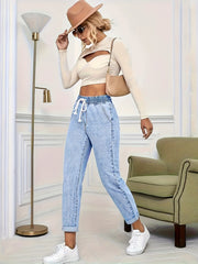 Ladies' 2026 New Stretch Elastic Drawstring Slim Cropped Jeans, Acid Wash Blue Cuff Straight Denim Trousers, Elegant Women's Clothing, Tapered Pantalones for All Seasons, Mom Pants with Pockets, High Waisted Tummy Control Travel Casual Pants
