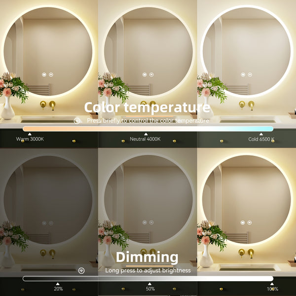 LED Bathroom Mirror with Touch Control & Defogging - Dimmable, Adjustable Brightness, 3-Color Stepless Dimmer, Mirror Suitable for Shower, Bathtub - Modern Bathroom Upgrade, Christmas Gift (Plastic Frame, 220V)