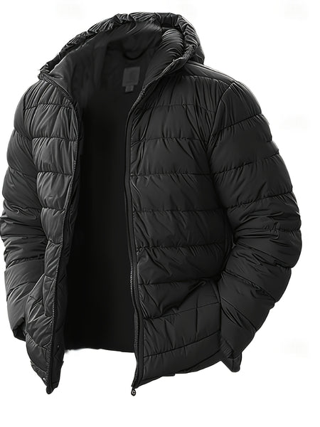 Men'S Outdoor Lightweight Thickened Hooded Windproof Quilted Solid Color Warm Coat