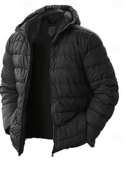 Men'S Outdoor Lightweight Thickened Hooded Windproof Quilted Solid Color Warm Coat