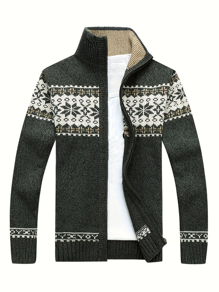 New Autumn And Winter Casual Men'S Knitted Cardigan, Featuring a Thick Ethnic-Style Snowflake Jacquard with a Stand-Up Collar And Zipper. This Stylish Long-Sleeve Sweater Jacket Is Perfect for Men'S Daily Wear in The Fall And Winter