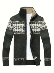 New Autumn And Winter Casual Men'S Knitted Cardigan, Featuring a Thick Ethnic-Style Snowflake Jacquard with a Stand-Up Collar And Zipper. This Stylish Long-Sleeve Sweater Jacket Is Perfect for Men'S Daily Wear in The Fall And Winter