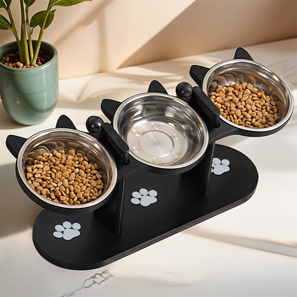 Indoor Raised Feeding Bowl Set for Cats and Dogs Pet Feeding Station with 3 Bowls and Tilted Design for Comfortable Eating Experience 32x13x15cm