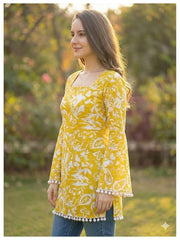 Estationeryhouse Cotton Printed Kurta Top, Long Sleeves, with White Tassels and Drawstring for Adjusting at Back