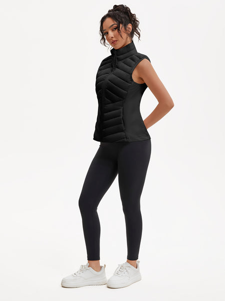 Women's Lightweight Outdoor Puffer Vest, Multi-Pocket Design, Elastic Waist Wrapping for Snug Warmth, Unique Zipper, Stand Collar, Polyester Filled