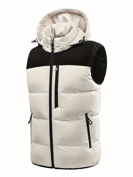 Men'S Winter Warm Sleeveless Padded Vest Casual Hooded Jacket Detachable Thickened Outerwear Vest Contrast Color Design Men Women Couple Same Style Elastic Shrinkage Windproof Warm Cold-Resistant Top Winter New Style