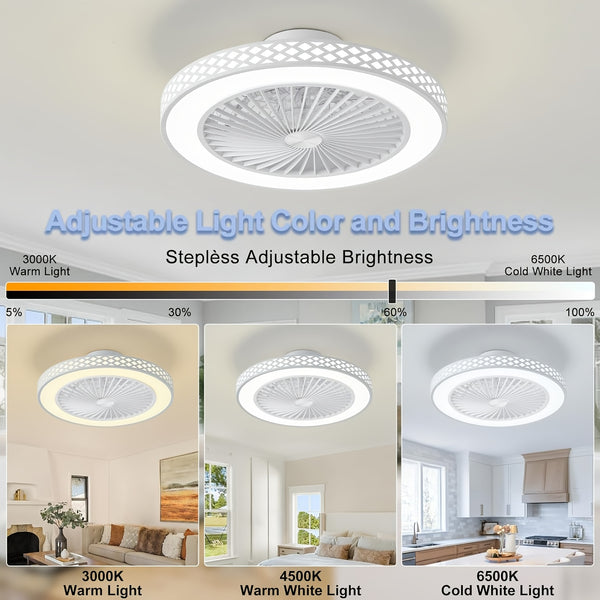 Ceiling Fan with Lights, 6 Speeds Reversible Bladeless Ceiling Fans 3-Color Temperature Stepless Dimming Low Profile Flush Mount Ceiling Fan Quiet Timing for Kitchen, Living Room, Bedroom