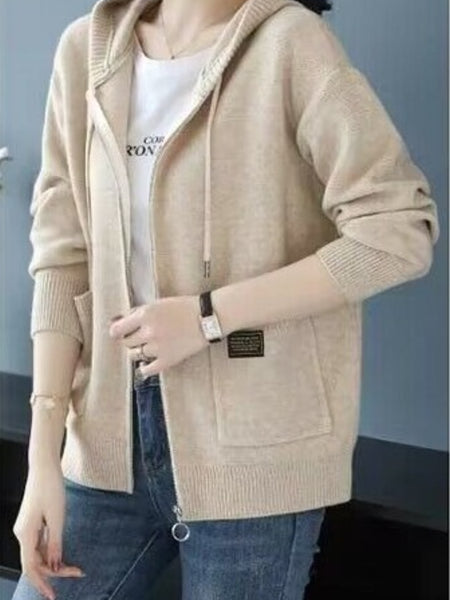 Women's New Fashionable Hooded Sweater, Outerwear with Hood, Cashmere Cardigan Autumn Wear, Drawstring Hood Design, Loose Fit, Cashmere Fabric Texture, Suitable for Women Who Pursue Comfort, Fashion and Warmth.