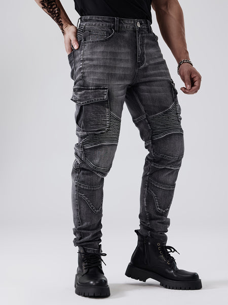 ESDVQ Men's Stretch Jeans - Slim Fit Stretch Pants with Multiple Utility Pockets, Stretch Denim for Everyday & Formal Wear - All-Season Skinny Jeans for Men, Casual Outfit, Edgy Fashion, Reinforced Seams, Stylish Trousers, Fashion Enthusiasts