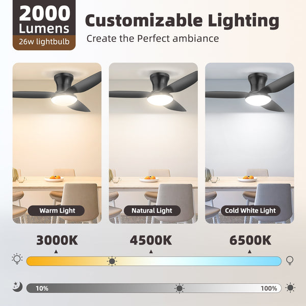 Modern Ceiling Fan Light with Remote Control - Dimmable Fixture, 6-Speed Adjustable Fan & 3-Tier Color Temperature (3000K/4500K/6500K), Timer, Suitable for, Semi-Recessed Installation, Bohemian Style Ceiling Light with Fan