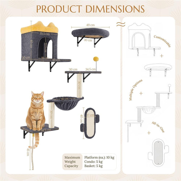 Costoffs Cat Tree Wall-Mounted Cat Furniture, Cat Wall Shelves & Perches, Climbing Shelves, Indoor Cat Tower, Wall-Mounted Cat Climbing Tree Set with Condos, Baskets & Scratching Posts, Space-Saving Cat Wall Furniture for Indoor Cats, Beige/Dark Gray