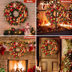 Christmas Wreath, 40Cm/16Inch Battery Powered Christmas Door Wreaths with 40Leds, Artificial Xmas Wreaths with Timer Function 8 Modes for Front Door Fireplace Festival Wall Decoration