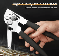 Multi-functional manual can opener stainless steel can and bottle opener in one non-slip labor-saving handle safe and without sharp edges suitable for kitchen tools for cans and bottle caps.
