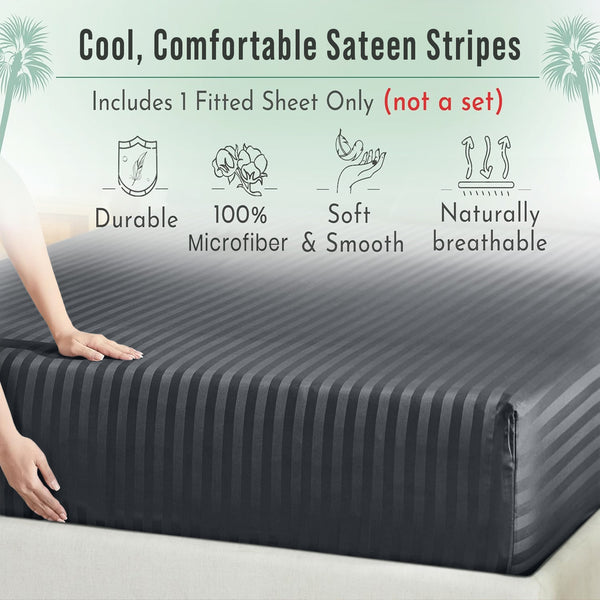 1pc Extra Deep Striped Fitted Sheet 40cm – Soft & Comfortable Microfiber Bedding, Breathable & Smooth, Machine Washable Bed Sheet Suitable for Bedroom