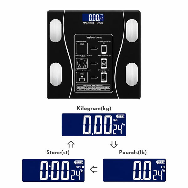 Bluetooth Smart Body Fat Scale 180kg Digital BMI Weight Scale with App Body Composition Analyser LED Display Wireless Bathroom Scale