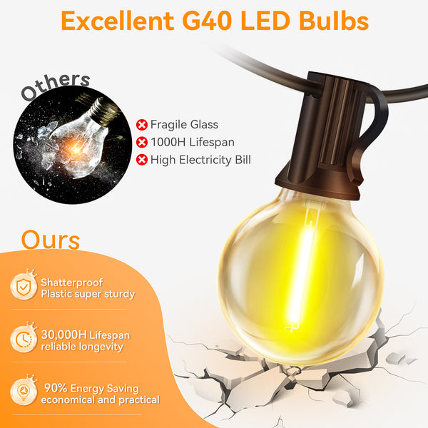 Outdoor Festoon Lights|LED Fairy Lights -65ft/100ft/150ft LED Garden String Light 20/30/45M+2 (Spare) Bulbs, IP65 WaterproofDimmable Timer G40 Bulbs Hanging Patio Lighting with Remote Control for Balcony Garden Gazebo Patio Awning Wedding Party (No Button