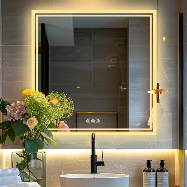 Square LED Bathroom Mirror Measuring 800X800Mm, Featuring Illuminated Backlighting, Wall Mounting, an Anti-Fog Demister, a Smart Touch Button, And Dimmable Settings for Makeup Application