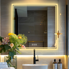 Square LED Bathroom Mirror Measuring 800X800Mm, Featuring Illuminated Backlighting, Wall Mounting, an Anti-Fog Demister, a Smart Touch Button, And Dimmable Settings for Makeup Application