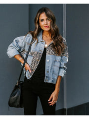 New Leopard Print Fashion Patchwork Torn Denim Top Casual Jacket, Casual Autumn Wear | Patchwork Denim Jacket | Glossy Fabric Finish