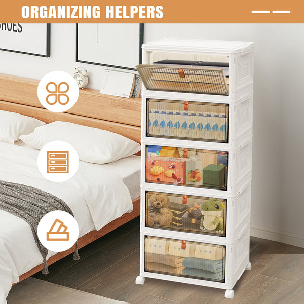 3 4 5 Tier Folding Storage Box, Plastic Collapsible Storage Box with Wheels, Stackable Storage Boxes with Lids and Front Opening Door Stackable Storage Boxes with Lids, 4 Wheels, Sturdy PP Matterial, Foldable Plastic Storage Unit for Toys/Office Supplies/