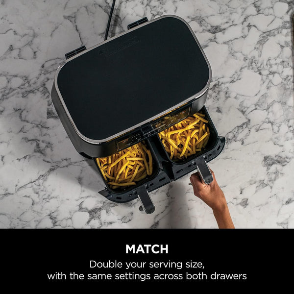Ninja Foodi Dual Zone Digital Air Fryer, 2 Drawers, 7.6L, 6-In-1, Uses No Oil, Air Fry, Max Crisp, Roast, Bake, Reheat, Dehydrate, Cooks 4-6 Portions, Non-Stick, Dishwasher Safe Baskets, Black AF300UK