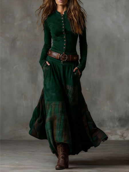 A Retro-Style Maxi Dress Featuring a Stand Collar, Single-Breasted Buttons, And a Waist-Cinched Design with Pockets And a, Adorned with Contrasting Check Patterns, Ideal for Daily Wear And Vintage-Themed Events