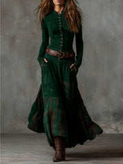 A Retro-Style Maxi Dress Featuring a Stand Collar, Single-Breasted Buttons, And a Waist-Cinched Design with Pockets And a, Adorned with Contrasting Check Patterns, Ideal for Daily Wear And Vintage-Themed Events